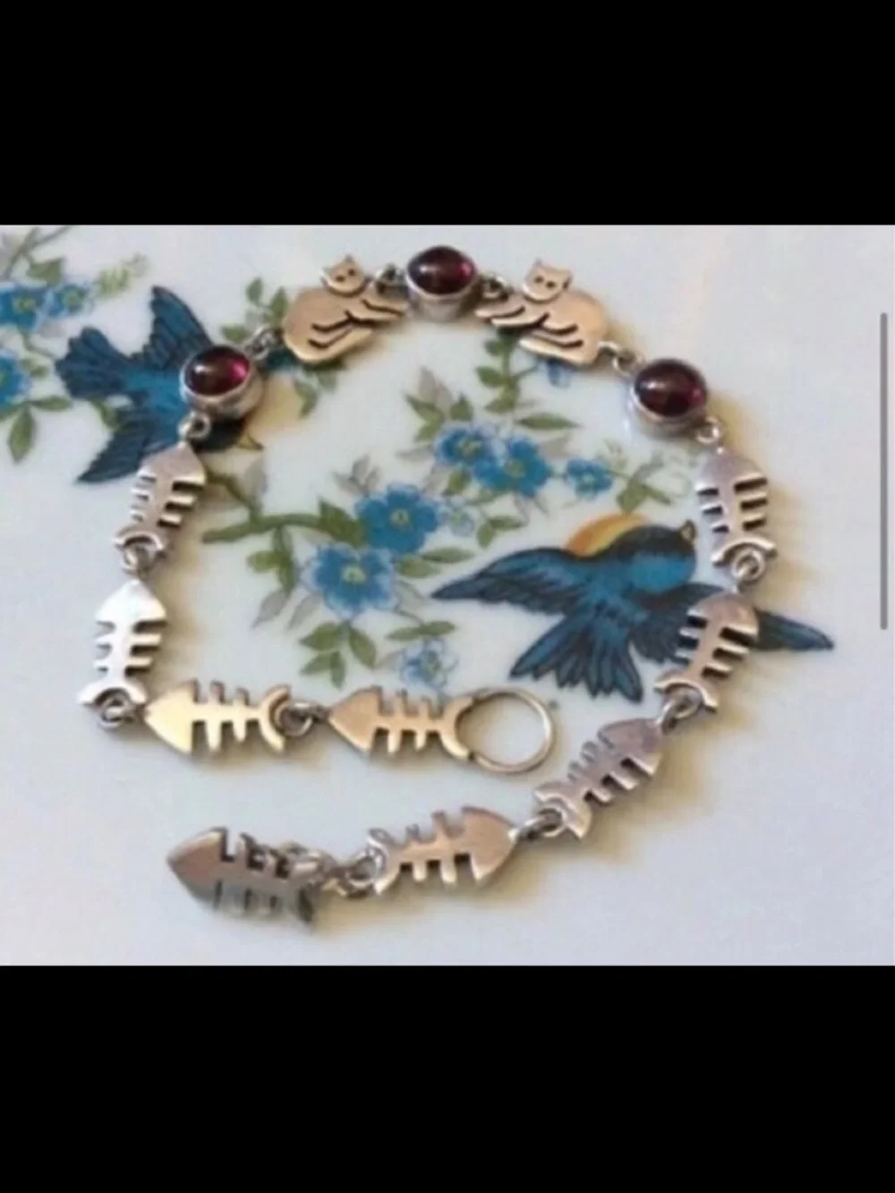 Vintage Fish bones cat garnet gemstone link bracelet sterling silver 925 - Picture 11 of 16